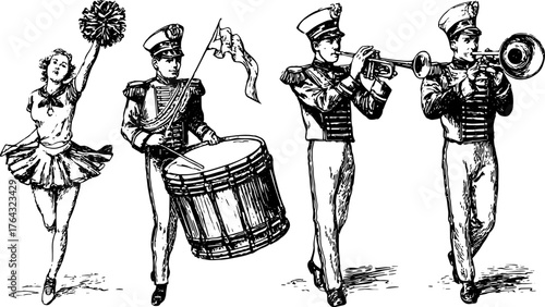 Marching band with musicians and a cheerleader in a black and white vintage style. Vector illustration showcasing celebration and culture in a set.