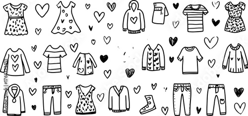 Clothing items in a hand-drawn style. Dresses, shirts, hoodies, and pants with heart patterns in a black and white vector illustration set.