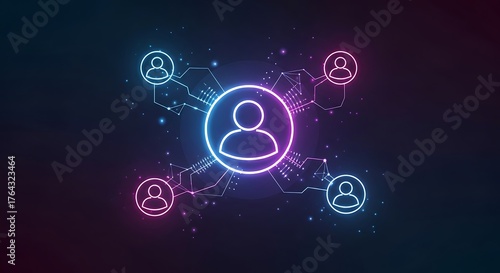Vibrant glowing network of people connecting digitally with colorful interconnected lines, ideal for showcasing teamwork and social media reach