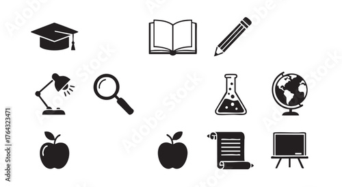 Black and white study and learning icons education design illustration