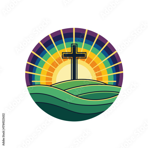 Christian cross on a hill with a colorful sunrise in the background, religious symbol.