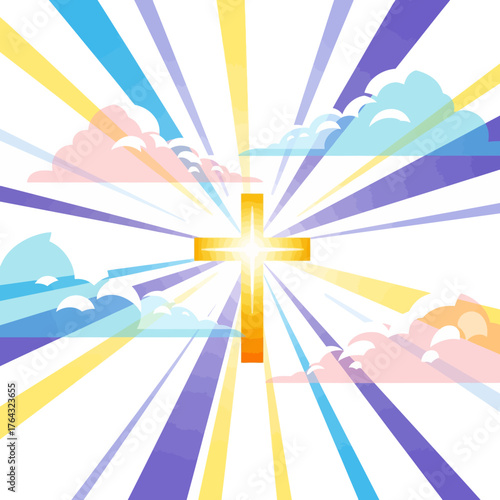 A radiant golden cross shines brightly amidst colorful beams of light and fluffy clouds.