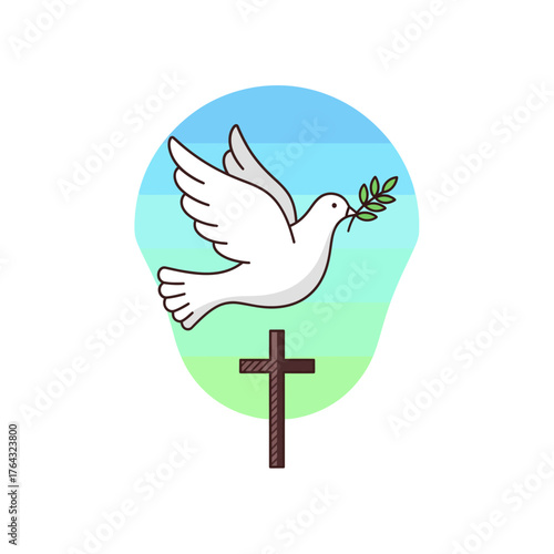 A white dove of peace holding an olive branch flies over a Christian cross.