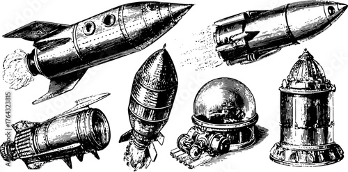 Vintage rocket engraving illustration. Detailed black outline vector set depicting various rocket designs and machinery in a retro style.