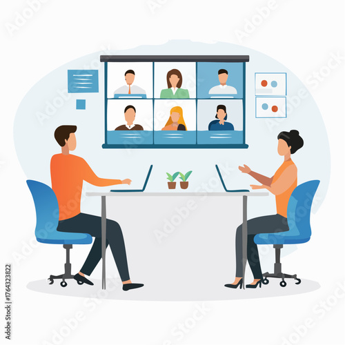 Vector illustration of a business team participating in a video conference call, collaborating with colleagues remotely online from a modern office