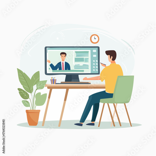 Student or professional learning remotely from home, attending an online course or virtual meeting via video conference on a desktop computer