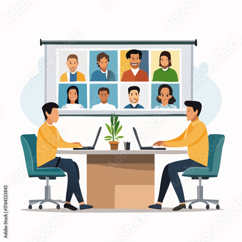 Hybrid Meeting Illustration Remote Participants on Screen with People in Office