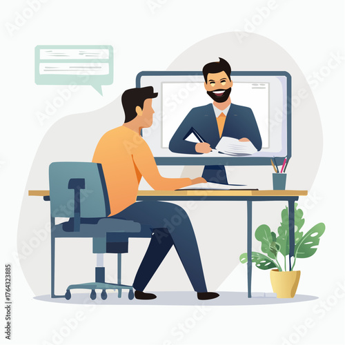 Flat vector illustration of a man engaged in an online consultation or virtual meeting with an expert on his computer screen, highlighting remote communication and e-learning