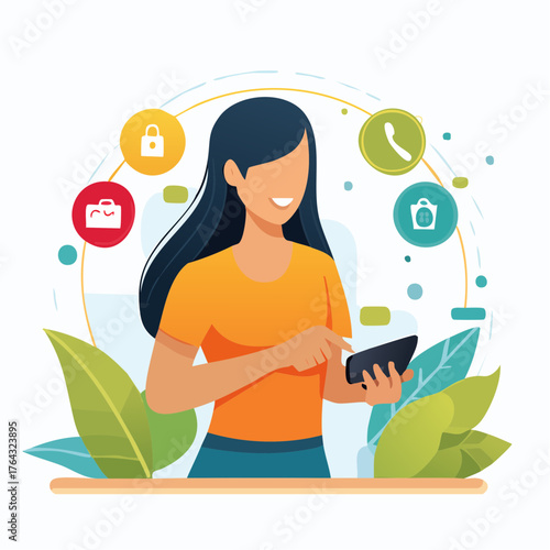 Modern flat vector concept of a woman using a mobile device for digital services, online shopping, and secure communication