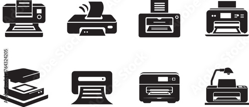 Black and white icons representing printers and a 3D printer