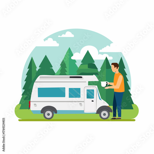 Camping Adventure Man Enjoying Coffee by RV in Scenic Forest Landscape