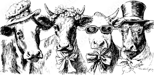 Vintage engraving of cows in various accessories. Hand-drawn illustration featuring humorous characters, perfect as a decorative vector set.