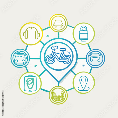 Urban mobility and smart transport line icons set e-bike, scooter, car, battery, parking, route pin, and audio. Modern connected city travel services concept
