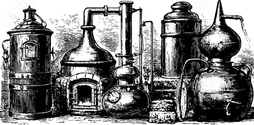 Engraving of antique distillation equipment. Hand-drawn vintage illustration representing historical tools in a detailed set.
