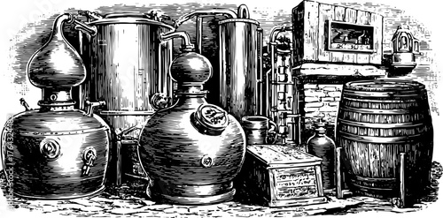 Antique engraving of distillation equipment. Featuring hand-drawn machinery and vintage barrels in a vector illustration set, showcasing industrial heritage.
