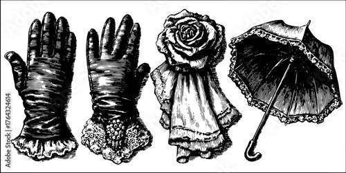 Vintage engravings in a set featuring gloves, a rose, and an umbrella. Black outline vector illustrations represent classic fashion accessories.