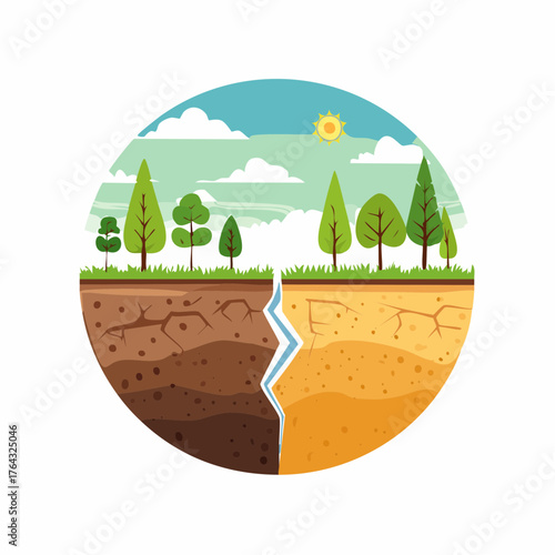 A conceptual environmental vector illustration depicting a split earth, contrasting a lush, healthy ecosystem with a barren, drought-stricken land