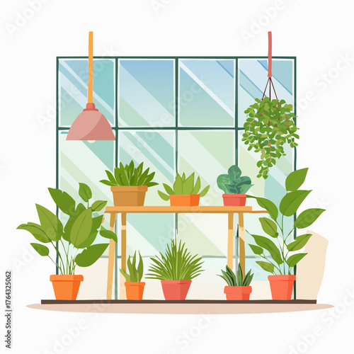 A sunlit room with a collection of decorative houseplants on a shelf, creating a cozy urban jungle. Flat style vector illustration