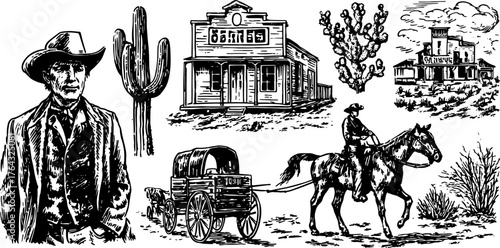 Cowboy silhouette with horse in vintage style. Engraving illustrations featuring western scenery, buildings, cactus, and a wagon set in desert landscape vector.