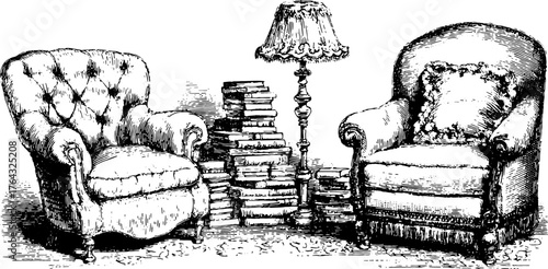 Vintage chairs and an ornate lampshade with stacked books. Hand-drawn black outline vector illustration set.