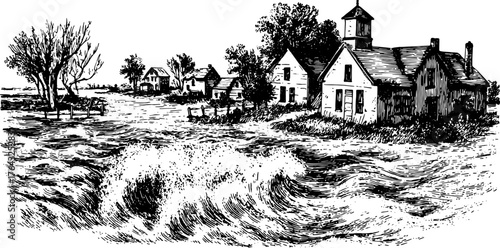 Antique engraving of a rural landscape scene with houses, trees, and waves depicted in a vintage line drawing vector illustration.