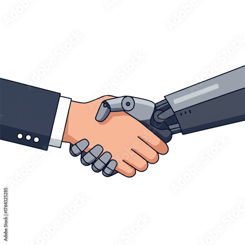 Vibrant 2D flat vector illustration showing a human hand shaking hands with a futuristic mechanical robotic arm, symbolizing technological progress, partnership, and professional collaboration.