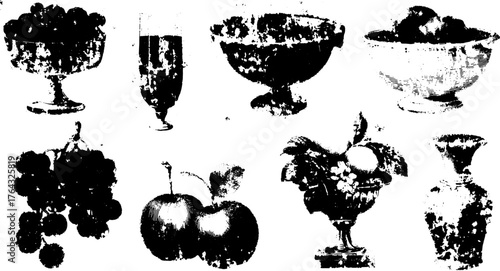 Engravings of various fruit, bowls, and vases. Vintage line drawing collection in black and white, perfect for a decor vector illustration set.