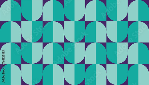 A seamless modern geometric pattern composed of half-circle and square shapes in teal and blue tones. The clean symmetry and cool color palette create a calm, minimalist aesthetic