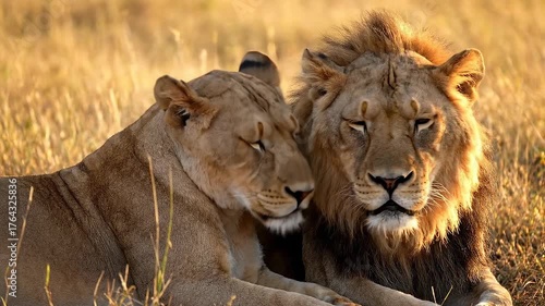 A male lion and female lioness showing affection in the wild