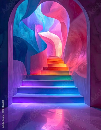 Neon Stairway to Abstract Dreamscape - A Surreal Architectural Vision.