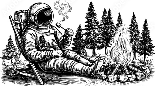 Astronaut sitting by a campfire in an outdoor setting. Hand-drawn vintage engraving illustration featuring silhouette and trees. Vector art captures adventure.