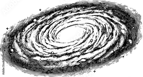 Vintage galaxy illustration featuring stars and planets. Black and white line drawing vector set showcasing cosmic elements.