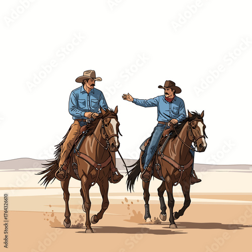 Two Cowboys on Horses Conversing in a Western Desert Landscape.