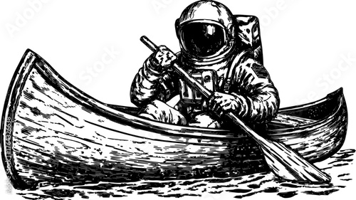 Astronaut rowing a canoe in a vintage engraving style. Black outline illustration showcasing adventure on water in an artistic vector format.