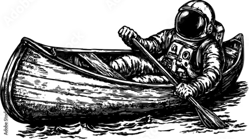 Astronaut in a canoe illustration. Hand-drawn engraving style features a black outline in a simple water background. Vector set of illustrations.