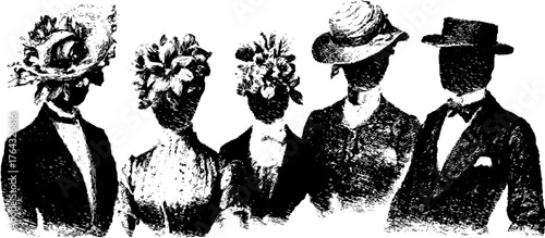 Engravings of vintage fashion featuring elegant hats and formal attire. This vector illustration showcases silhouettes in a historical set.