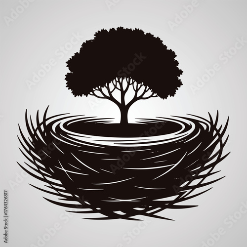Black silhouette of a tree growing inside a bird's nest on a light gray background bird nest