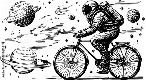 Astronaut riding a bicycle in space. Vintage-style engraving featuring planets and stars in a silhouette vector illustration.