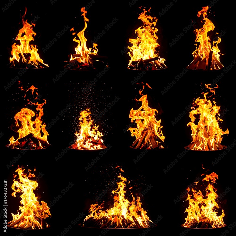 Obraz premium Collection of flames in various burning states against black background