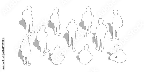 CAD Drawings. Outline Set of diverse student standing, sitting isolated on white background. Top, back, front view. Vector illustration.