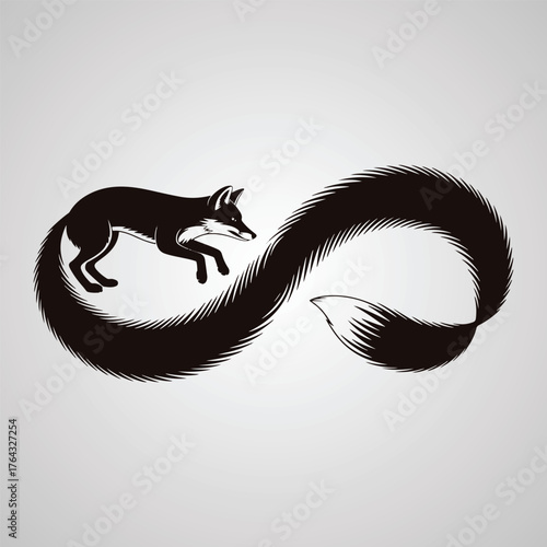 Black fox silhouette forming an infinity symbol with its tail on a light gray background vector