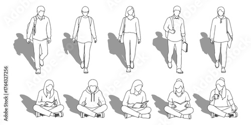 CAD Drawings. Set of diverse student standing, sitting isolated on white background. Front view. Vector illustration.