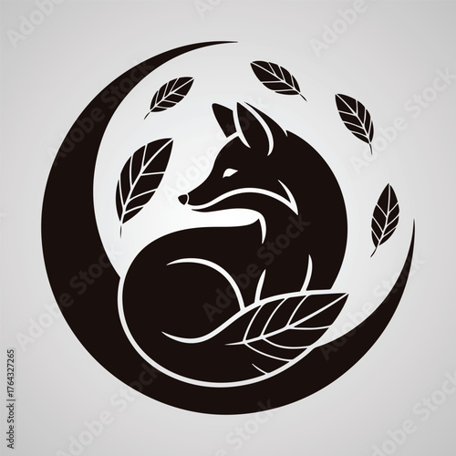 Dark silhouette of a fox curled around a crescent moon with falling leaves vector