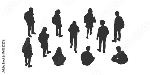 CAD Drawings. Silhouette Set of diverse student standing, sitting isolated on white background. Top, back, front view. Vector illustration.