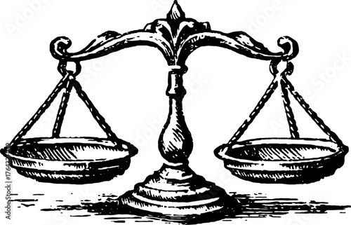 Vintage scales illustration in detailed line art style. A classic representation of balance and equality in a vector illustration.