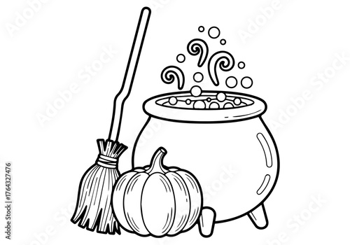 Enchanting Halloween Cauldron and Witch's Broom with Pumpkin Illustration A Fun Coloring Page for Kids Activity Book