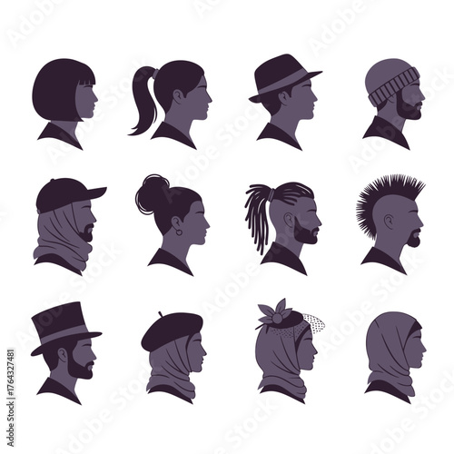 Diverse Headwear and Hairstyles: A Collection of Profile Silhouettes