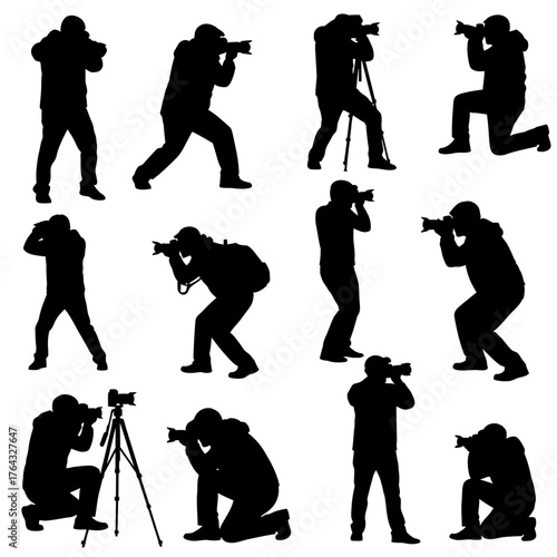 Diverse Silhouettes of Photographers in Action with Cameras and Tripods
