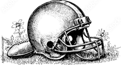 Vintage football helmet and ball illustration in engraving style. Line drawing features flowers and grass as part of a vector set.
