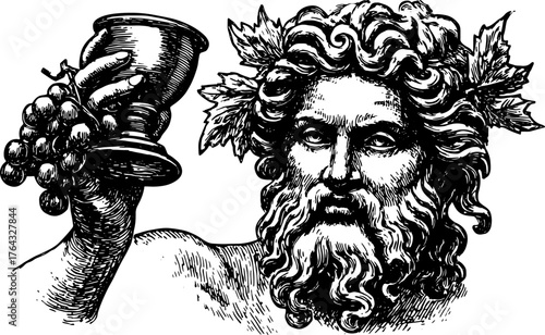 A god illustration holding a cup and adorned with grapes and leaves. Classic vintage line drawing, vector artwork showcasing mythology.